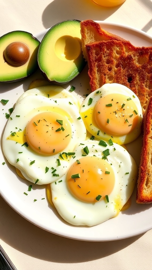 Cheesy parmesan eggs on a plate with toast and avocado, garnished with herbs.